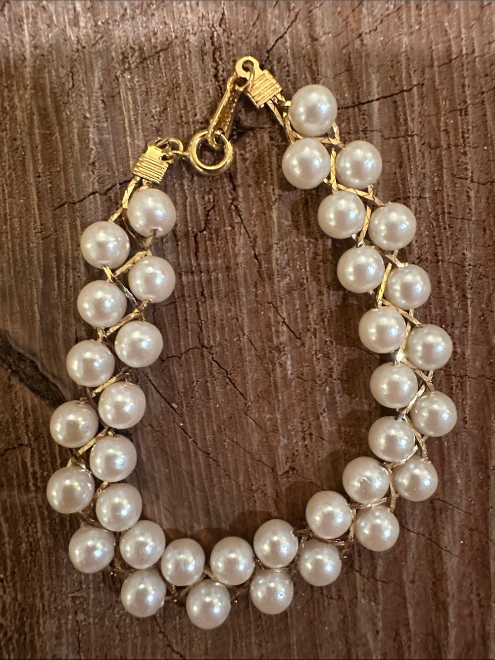 Avon White Pearl Double-Row Bracelet with Gold-Tone Links